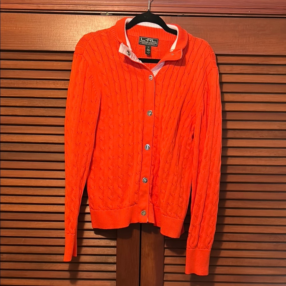 Ralph Lauren Active Bright Orange Cable Knit 100% Cotton Cardigan Sweater XL